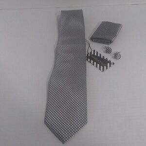 DIBANGU Men's Silk Gray & Black Tie,Pocket Square & Cuff Links Set *NWT*